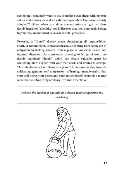 Page 17, the end of the Door 4 essay with its affirmation about releasing the shoulds and a drawing of a woman pushing a weight labelled SHOULDS