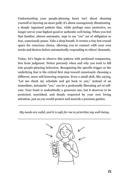 Page 21, the end of the Door 5 essay on people-pleasing, with a drawing of a woman holding a sign that says NO