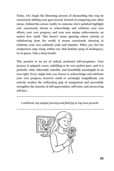 Page 25, the end of the Door 6 essay on comparison, its affirmation I celebrate my unique journey and find joy in my own growth, and a drawing of a woman holding a flower