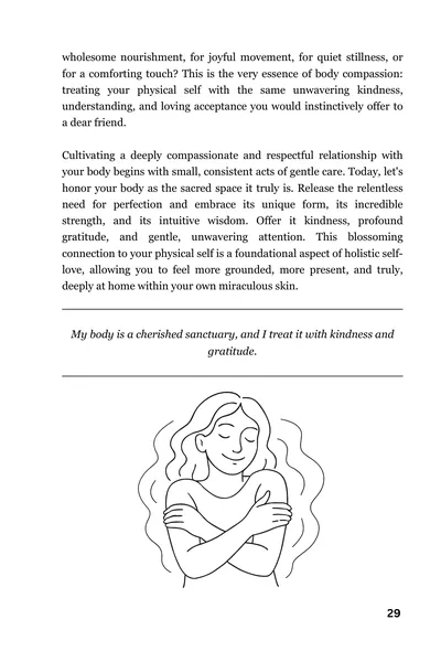 Page 29, the Door 7 affirmation above a drawing of a woman hugging herself