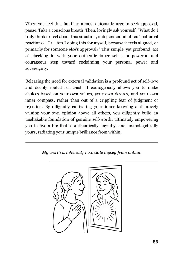 Page 85, where the Door 21 essay ends on its affirmation, My worth is inherent; I validate myself from within, highlighted, above a drawing of a woman at a mirror