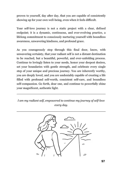 Page 97, the last essay page of Door 24, with its affirmation and a drawing of a woman facing a sunrise