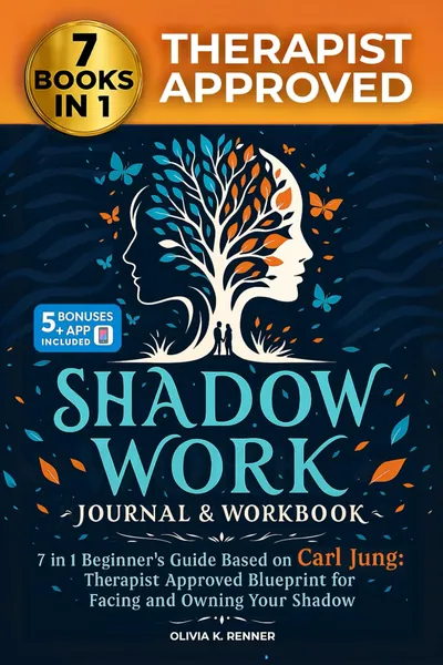 Front cover of Shadow Work Journal and Workbook by Olivia K. Renner: a dark blue cover with a tree whose crown is made of leaves and butterflies in teal and orange